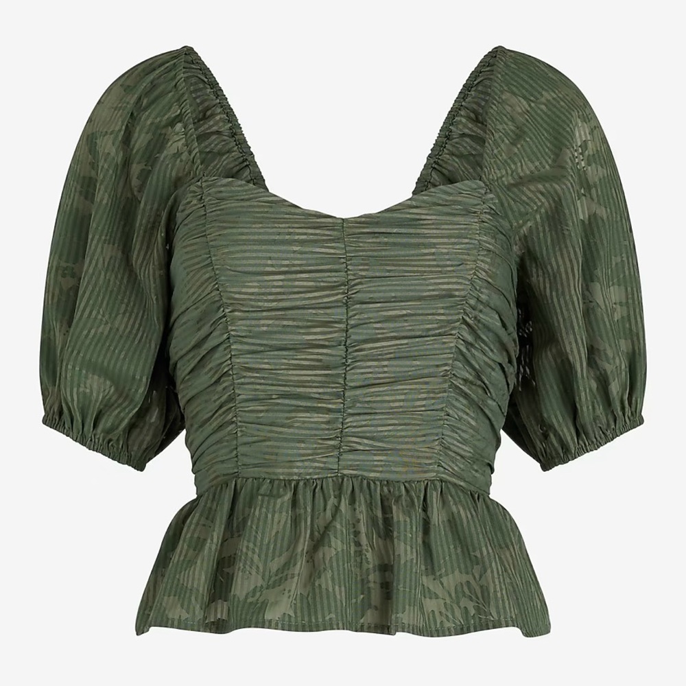 Striped Floral Puff Sleeve Ruched Peplum Top